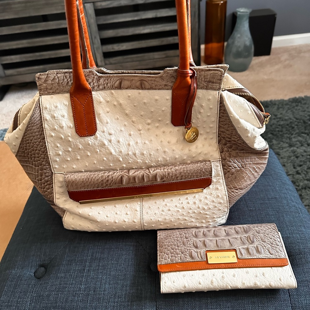 Brahmin Cream and Brown Crocodile Textured Tote